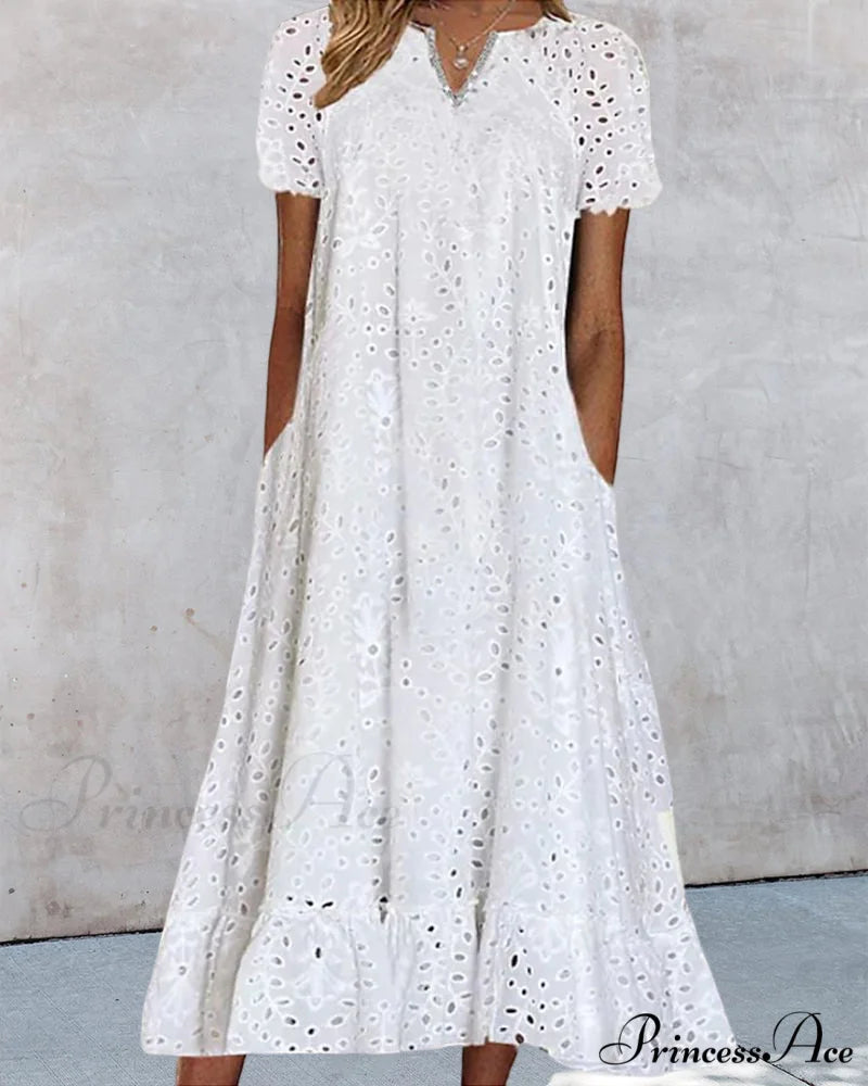 Midi Dress with Short Sleeves in Solid Color