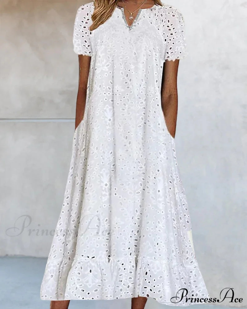 Midi Dress with Short Sleeves in Solid Color
