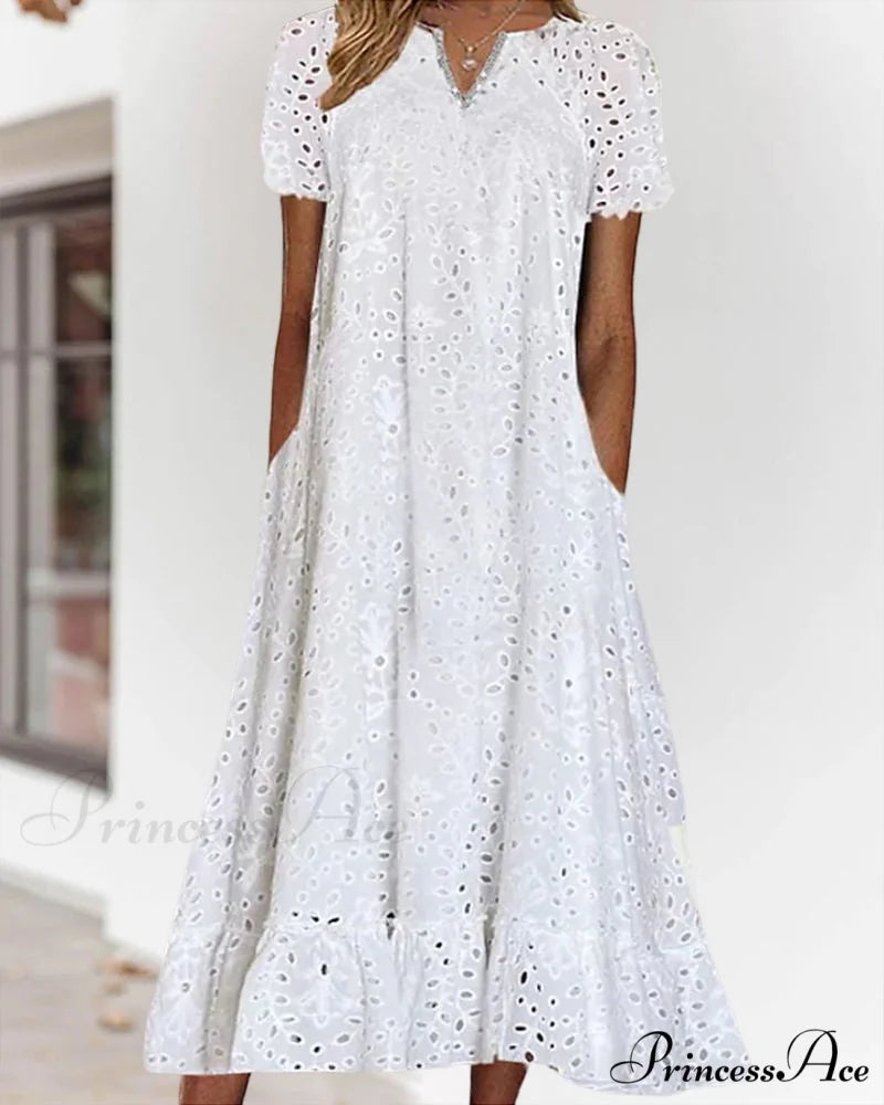 Midi Dress with Short Sleeves in Solid Color