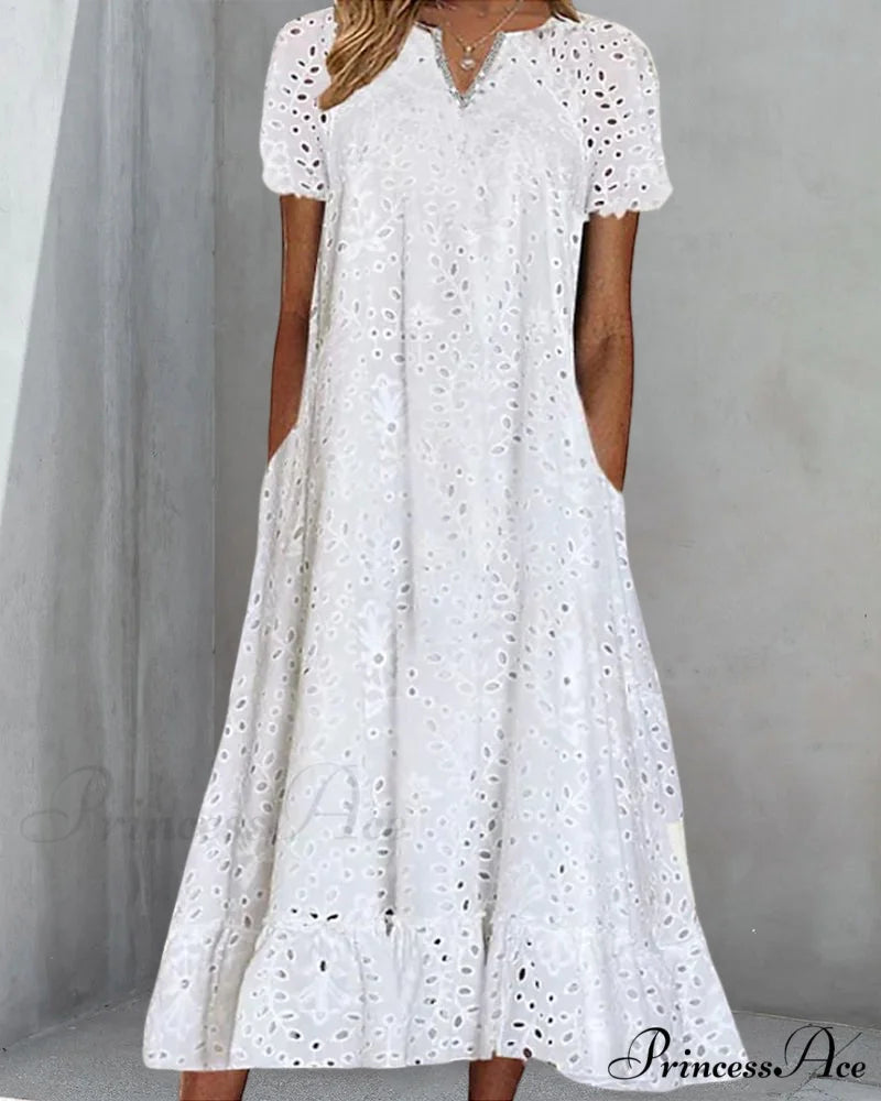 Midi Dress with Short Sleeves in Solid Color
