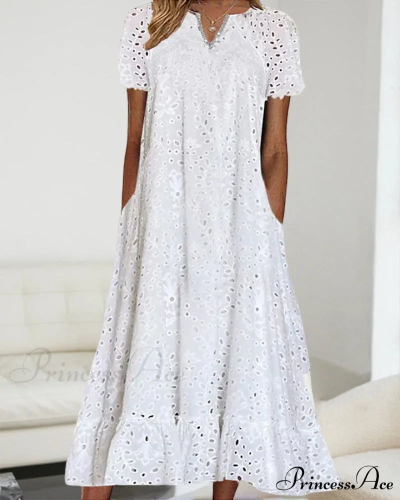 Midi Dress with Short Sleeves in Solid Color