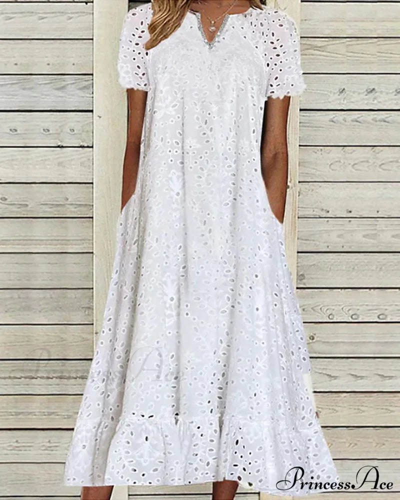Midi Dress with Short Sleeves in Solid Color White / S