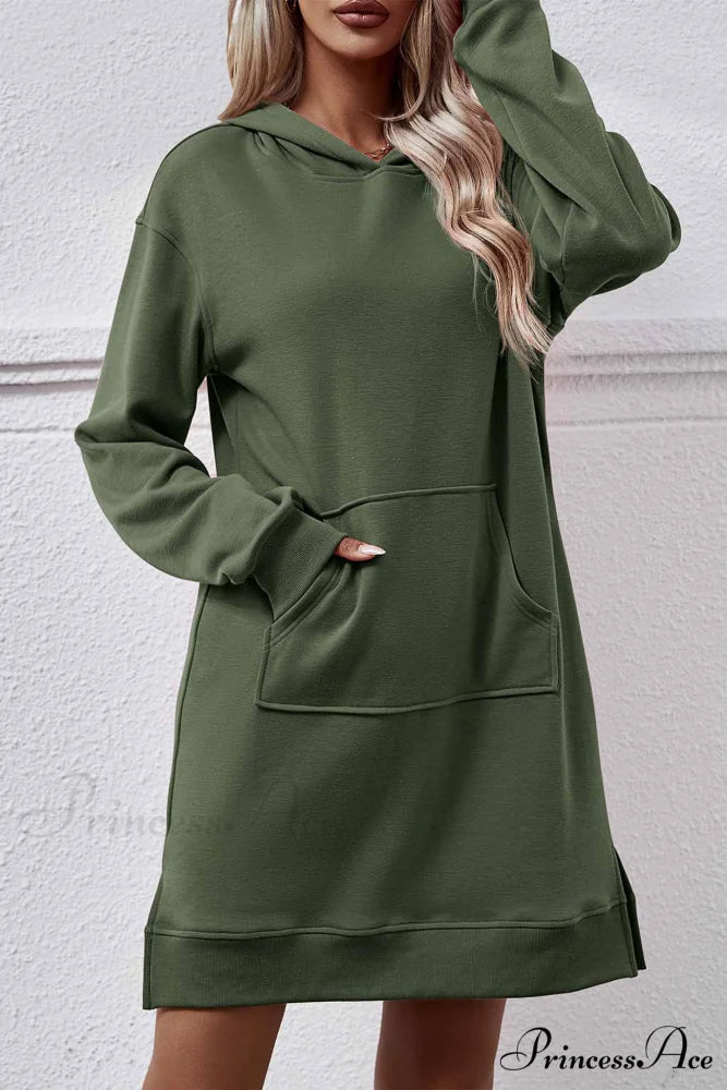 Midi Hoodie Dress with Pocket Slit Dark Green / M