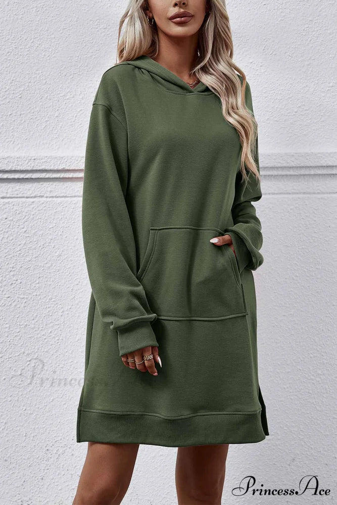 Midi Hoodie Dress with Pocket Slit Dark Green / S