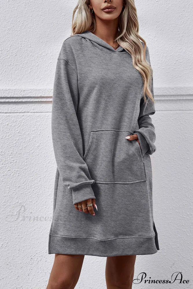 Midi Hoodie Dress with Pocket Slit Grey / L