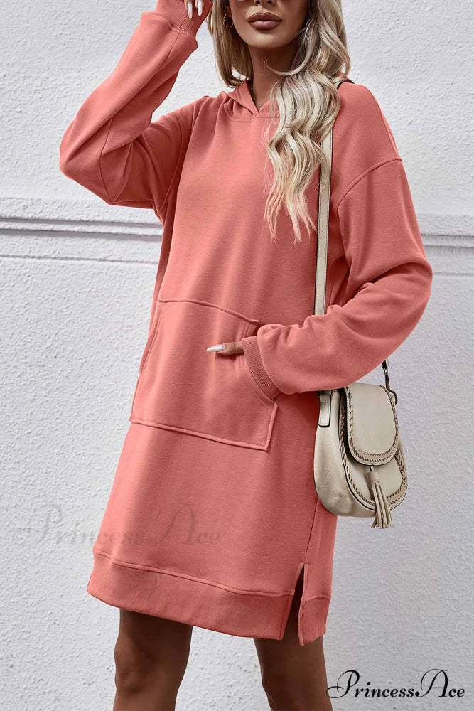 Midi Hoodie Dress with Pocket Slit Light Red / L