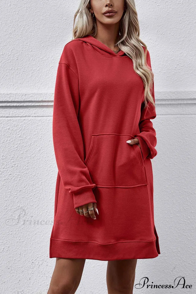 Midi Hoodie Dress with Pocket Slit Red / M