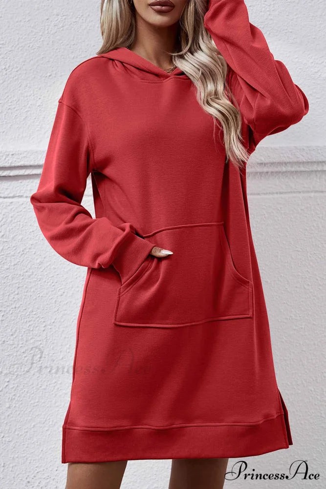 Midi Hoodie Dress with Pocket Slit Red / S