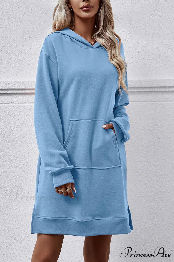 Midi Hoodie Dress with Pocket Slit Sky Blue / L