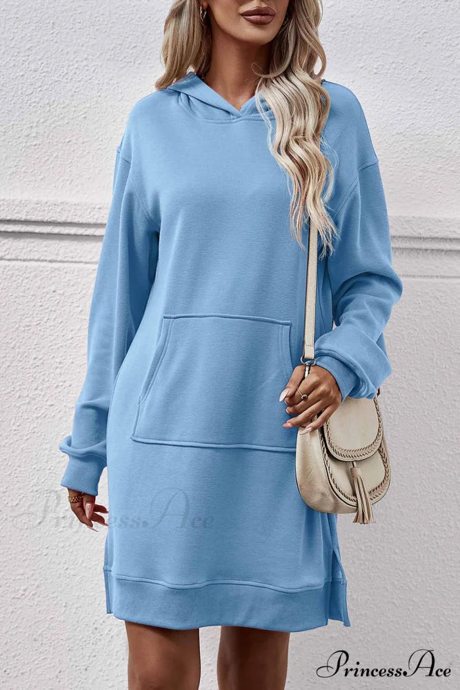 Midi Hoodie Dress with Pocket Slit Sky Blue / M