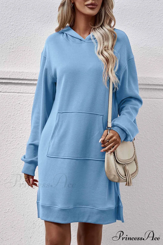 Midi Hoodie Dress with Pocket Slit Sky Blue / M