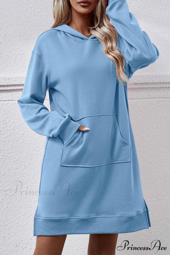 Midi Hoodie Dress with Pocket Slit Sky Blue / S