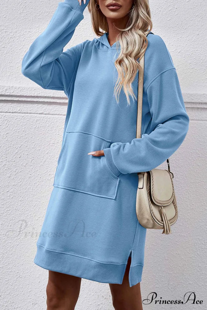 Midi Hoodie Dress with Pocket Slit Sky Blue / XL