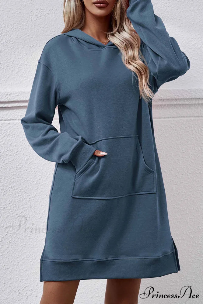Midi Hoodie Dress with Pocket Slit Steel Blue / M