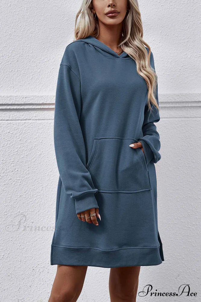 Midi Hoodie Dress with Pocket Slit Steel Blue / S