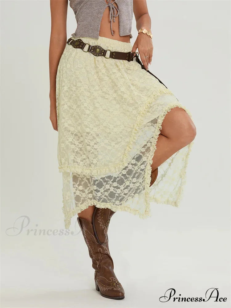 Midi Lace Floral Unpredictable Border Flexible Waist Summer Skirt skirt-250126