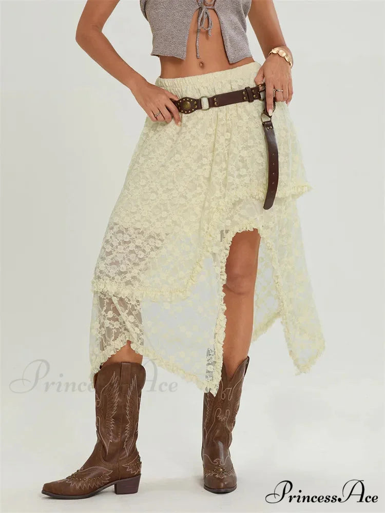 Midi Lace Floral Unpredictable Border Flexible Waist Summer Skirt skirt-250126