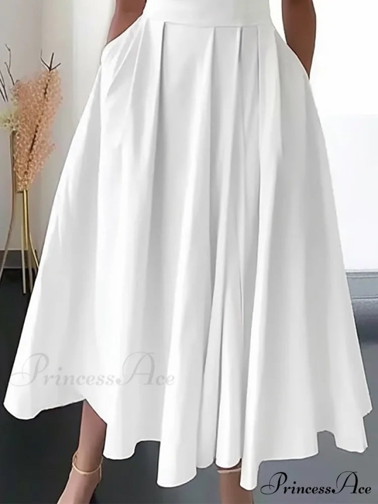 Midi White Loose Fit 2024 Swing Sleeveless Ruched Length Women’s Gown V Party Neck S-3XL