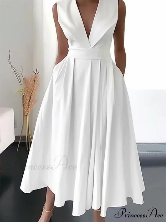 Midi White Loose Fit 2024 Swing Sleeveless Ruched Length Women’s Gown V Party Neck S-3XL White / S