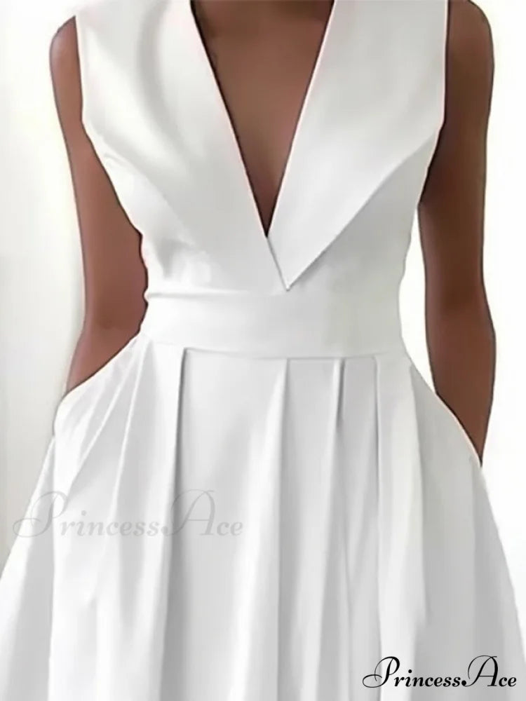Midi White Loose Fit 2024 Swing Sleeveless Ruched Length Women’s Gown V Party Neck S-3XL