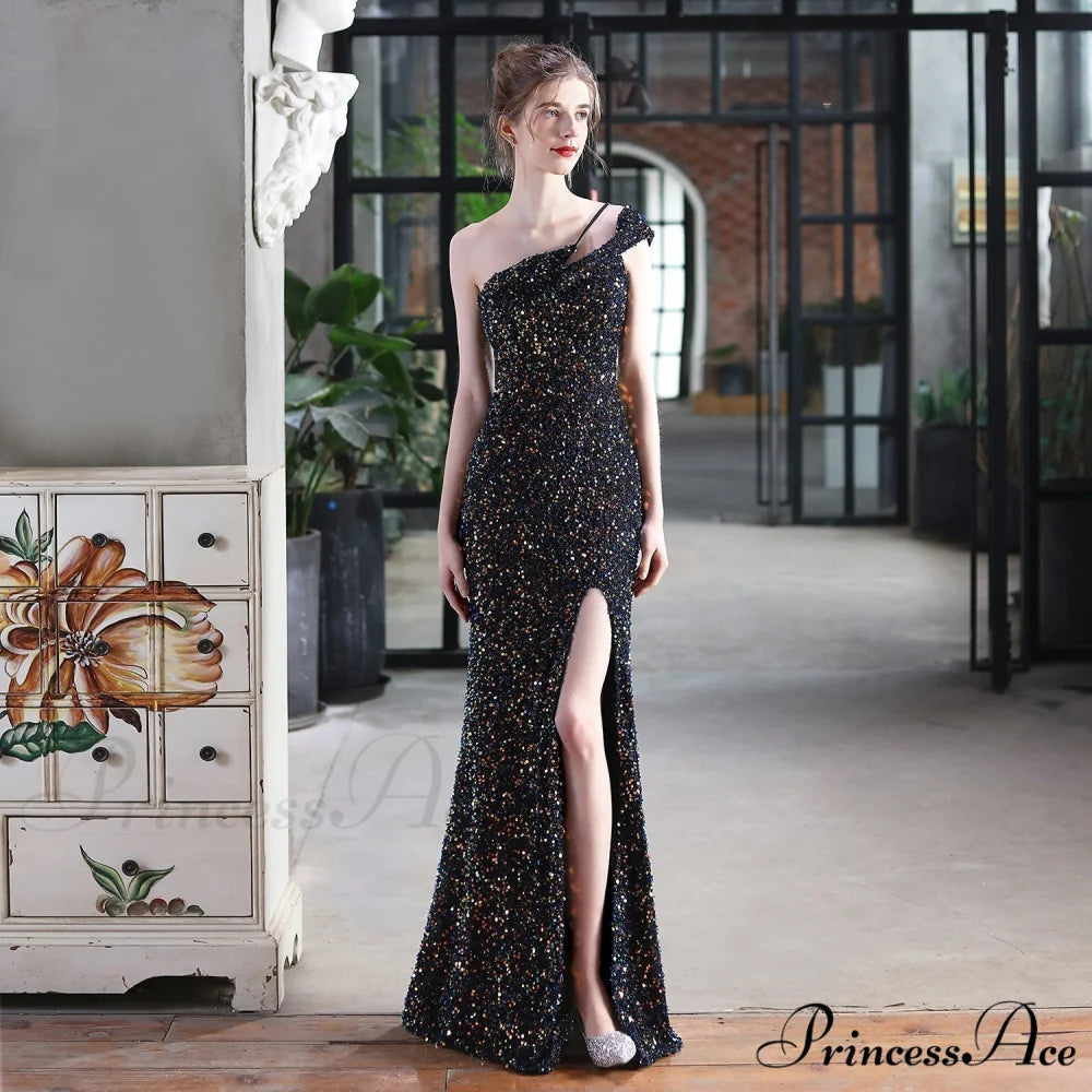 Mile one-shoulder bright Charming sequined formal dress BLACK / XS