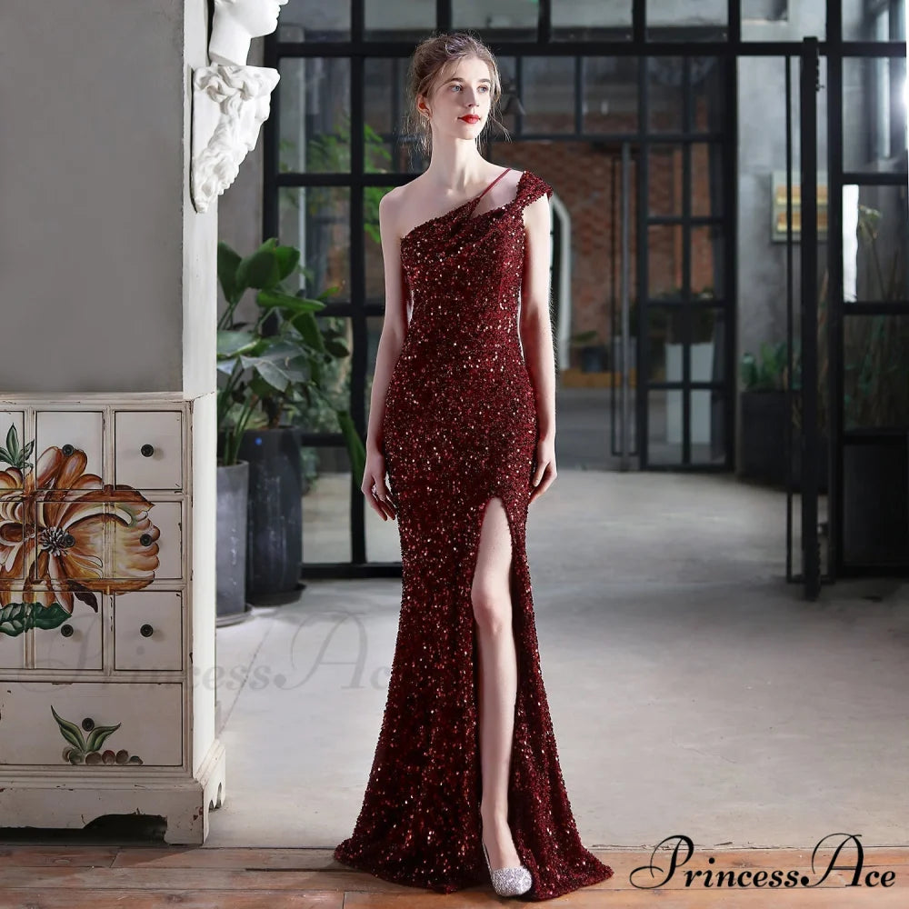 Mile one-shoulder bright Charming sequined formal dress BURGUNDY / XS