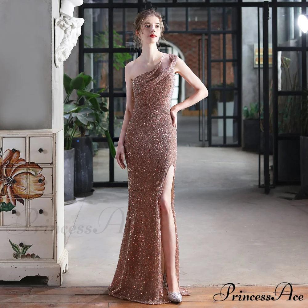 Mile one-shoulder bright Charming sequined formal dress GOLD / XS