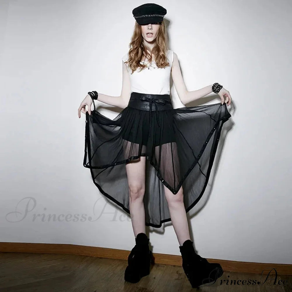 Military Style Knit Chiffon Culottes for Women Black Fashion Sexy Hollow Out Knee-Length Skirt BLACK / XS-M
