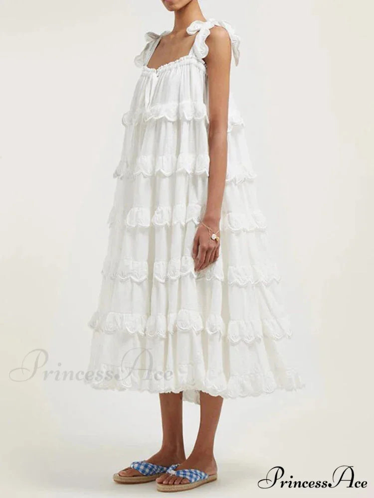 Milk Schiffli Stylish Frill Maxi Dress 16 Days / 4 / S / White