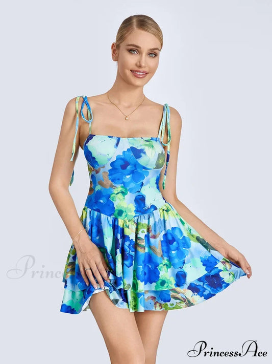 Mini Dress Tied Spaghetti Strap Frilly Hem Short Dress Blue / S floraldress-250126