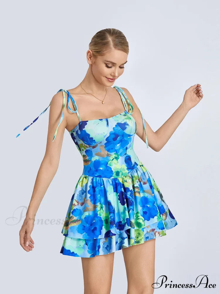 Mini Dress Tied Spaghetti Strap Frilly Hem Short Dress floraldress-250126