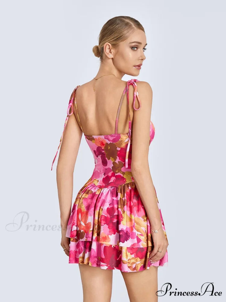 Mini Dress Tied Spaghetti Strap Frilly Hem Short Dress floraldress-250126