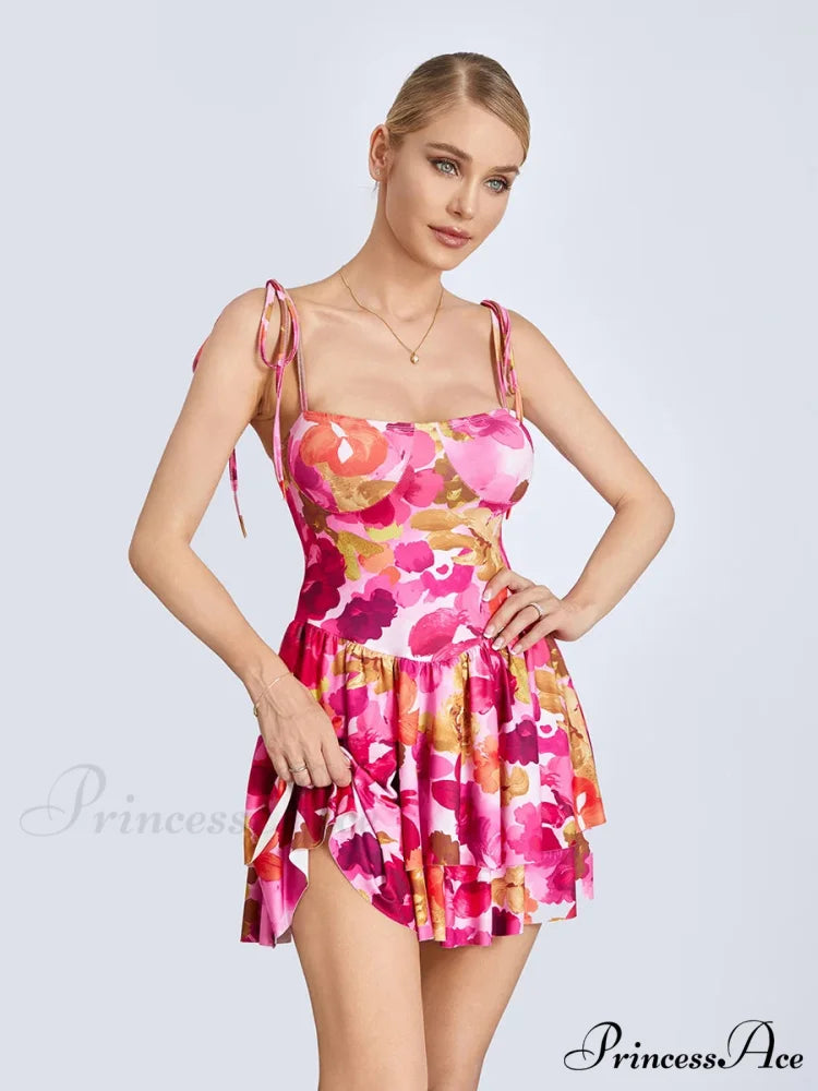Mini Dress Tied Spaghetti Strap Frilly Hem Short Dress Pink / S floraldress-250126