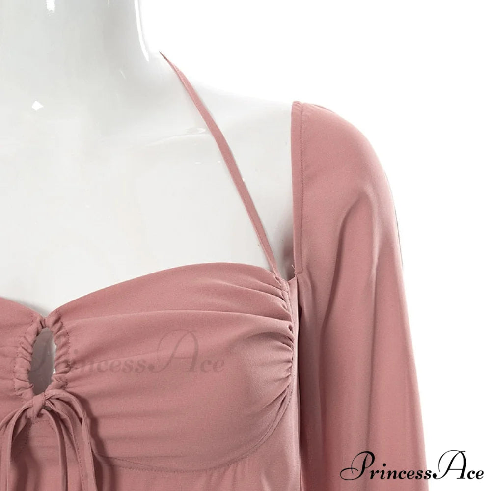 Mini Flare Sexy Out Cut Long Halter Party Spring Backless Bodycon Arm Gown Women Drawstring Elegant Dresses