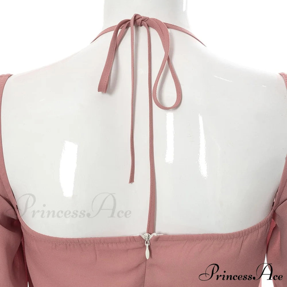 Mini Flare Sexy Out Cut Long Halter Party Spring Backless Bodycon Arm Gown Women Drawstring Elegant Dresses