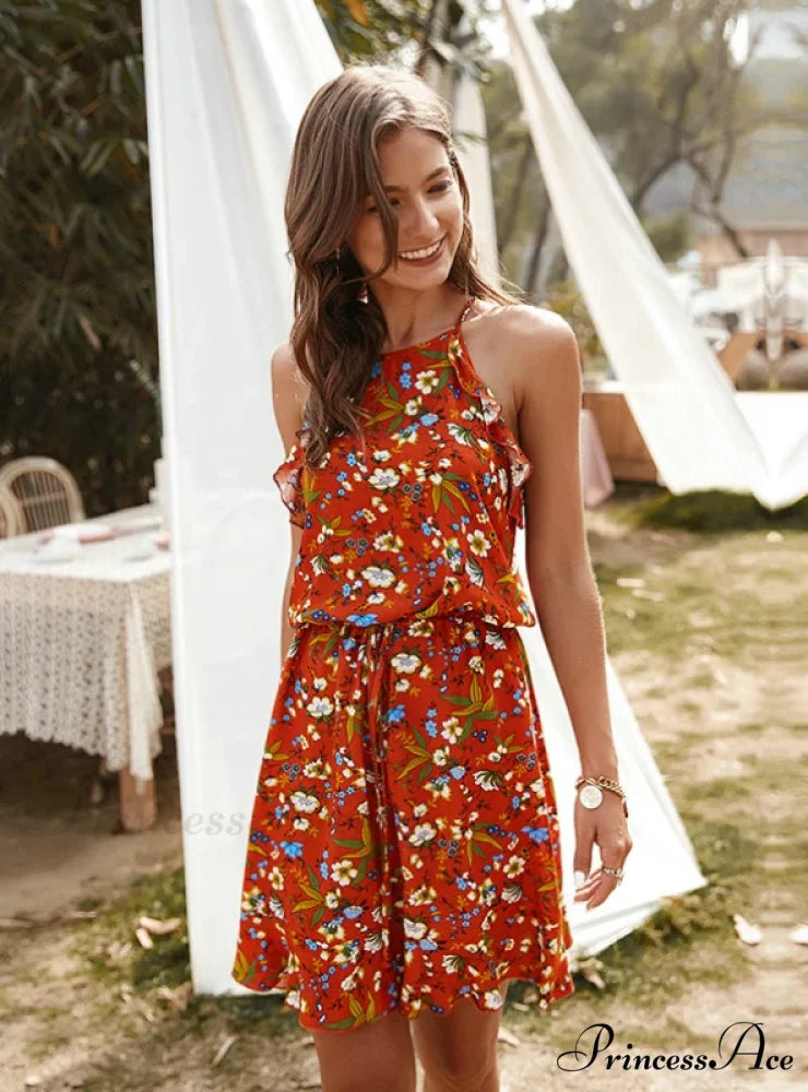 Mini Flowered Sleeveless Ruffles Dress M / BLACK