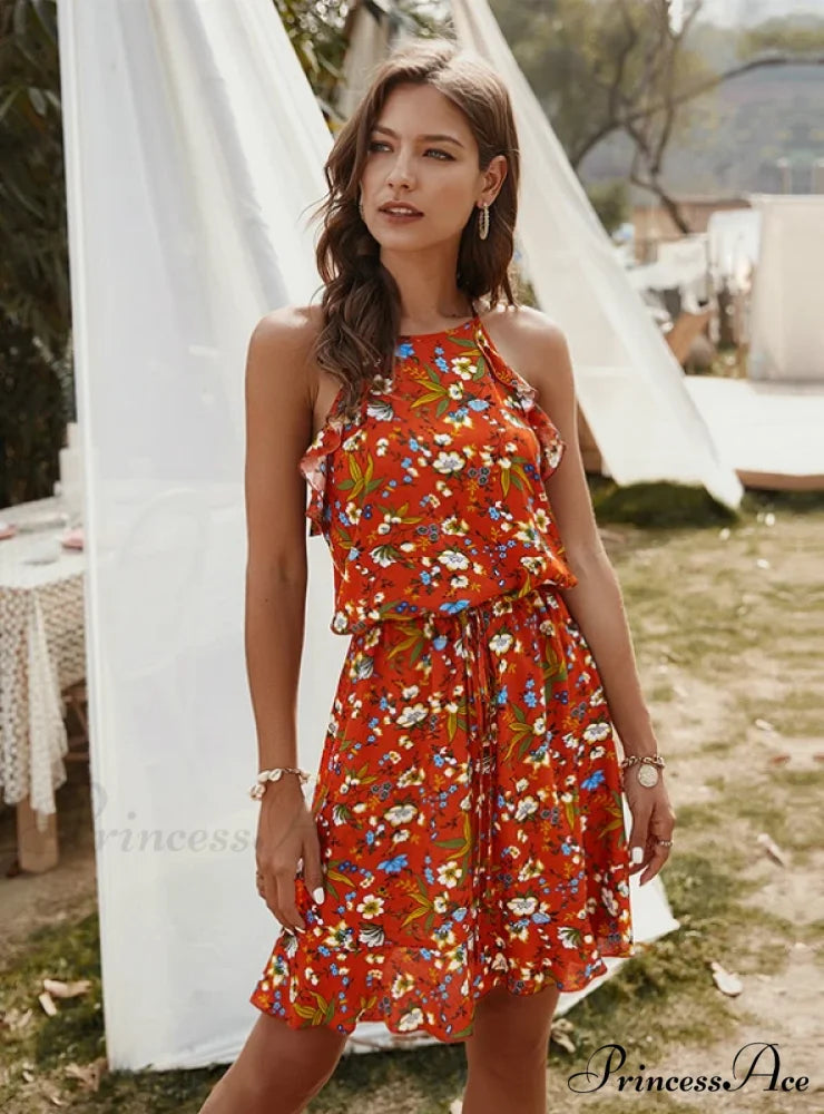 Mini Flowered Sleeveless Ruffles Dress M / RED