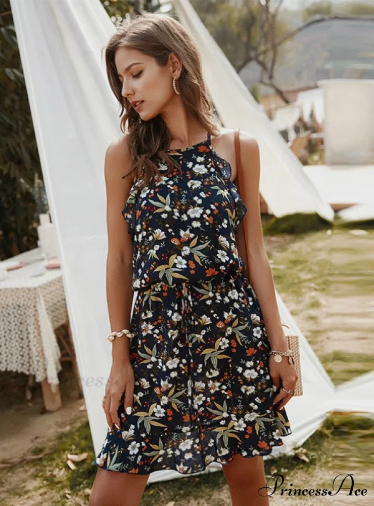 Mini Flowered Sleeveless Ruffles Dress M / WHITE