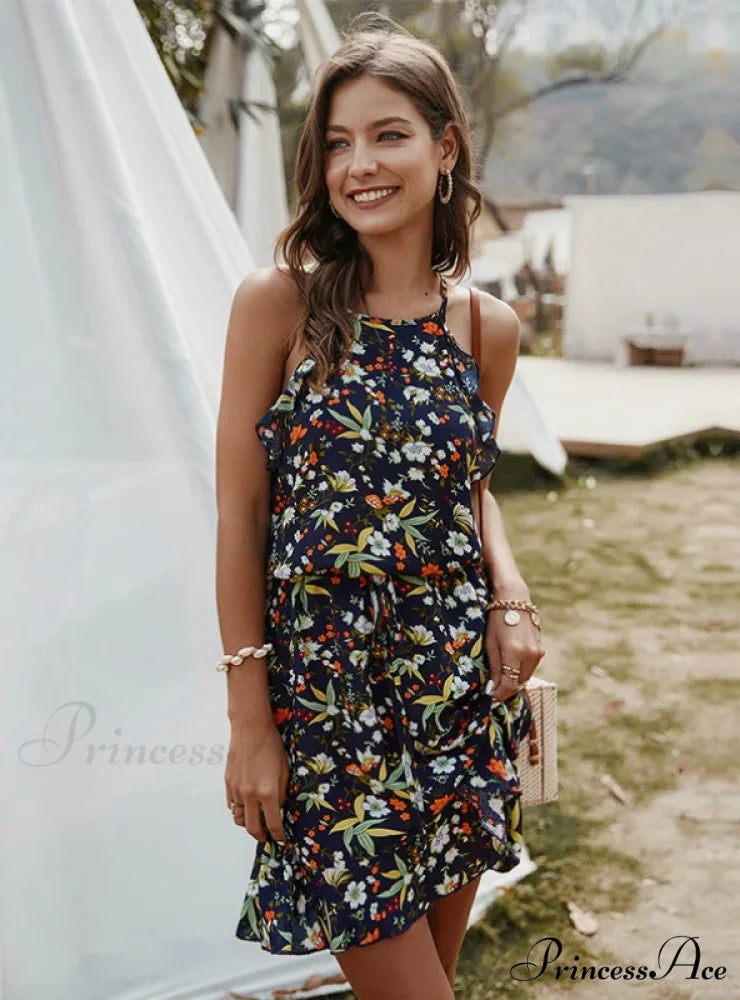 Mini Flowered Sleeveless Ruffles Dress S / BLACK