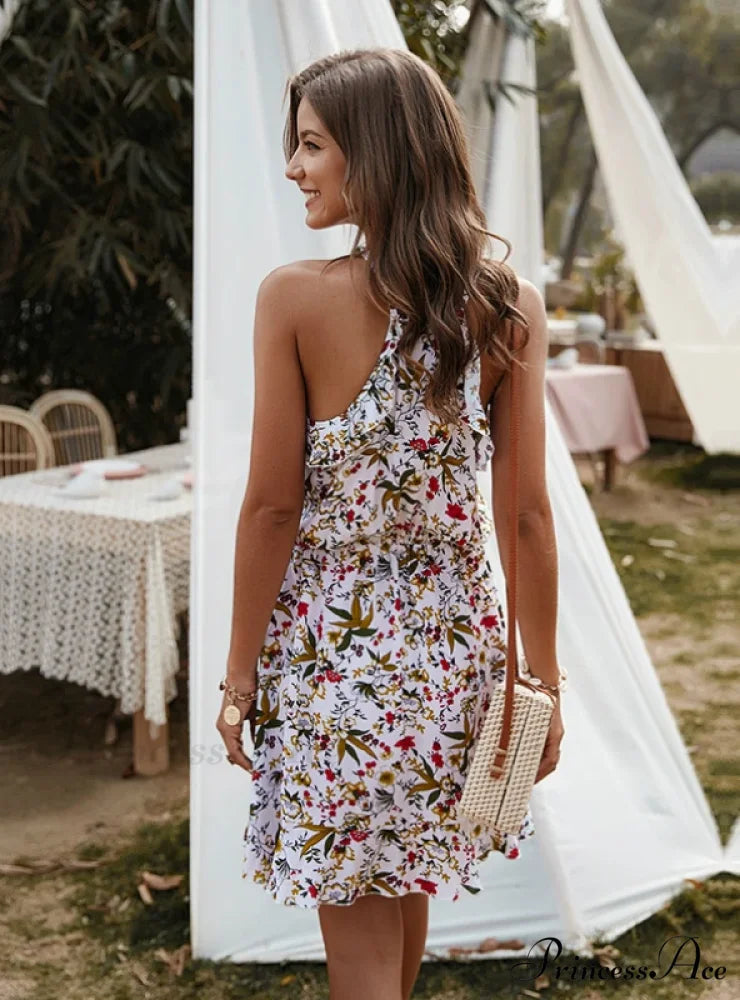 Mini Flowered Sleeveless Ruffles Dress S / RED
