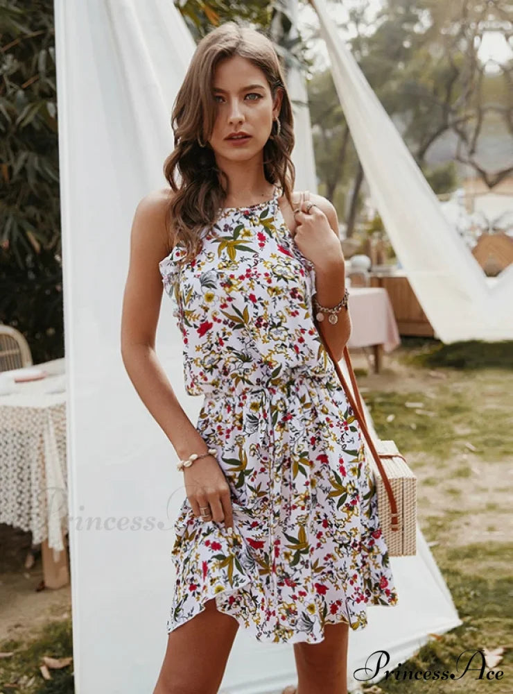 Mini Flowered Sleeveless Ruffles Dress S / WHITE