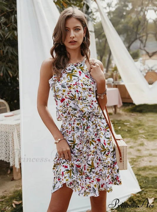 Mini Flowered Sleeveless Ruffles Dress S / WHITE