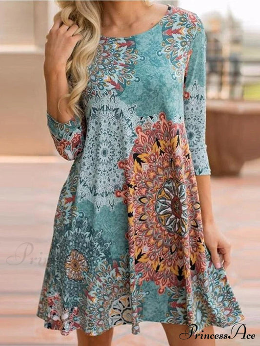 Mini Long Round-Neck Green Arm Bohemia Patterned Dress