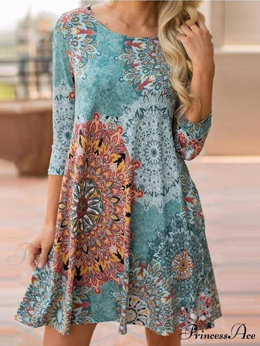 Mini Long Round-Neck Green Arm Bohemia Patterned Dress