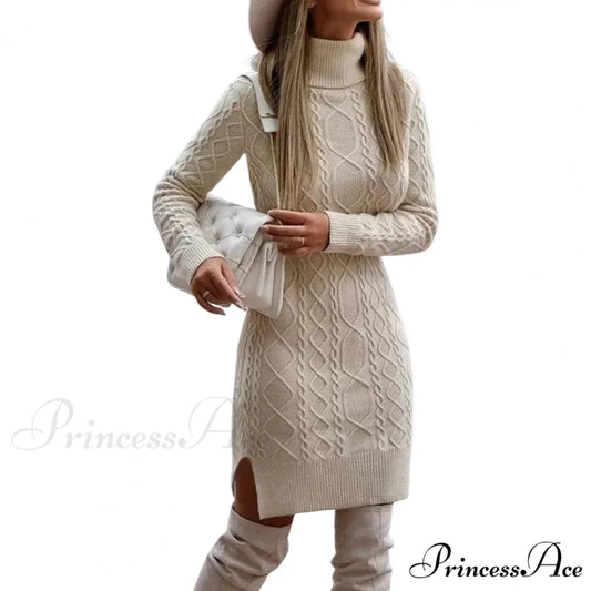 Mini Long Sleeve Bodycon Side Split Hem Dress Beige / M