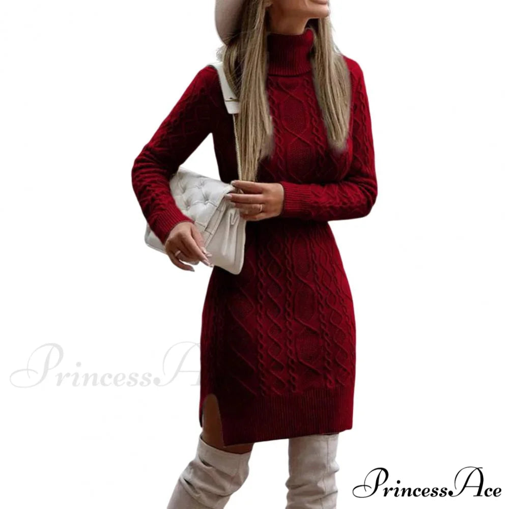 Mini Long Sleeve Bodycon Side Split Hem Dress Wine Red / M