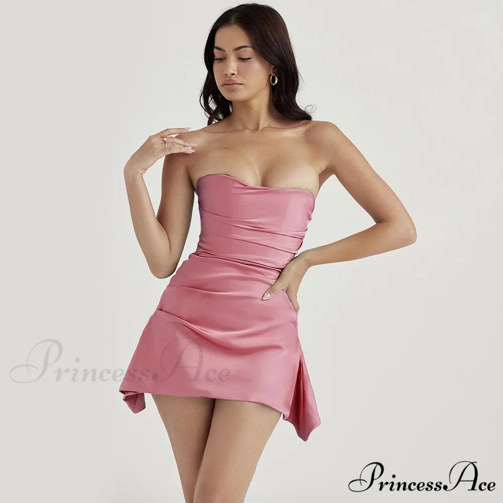 Mini Silk Satin Birthday Modern Holiday Night Date Party Dress dark pink / XS