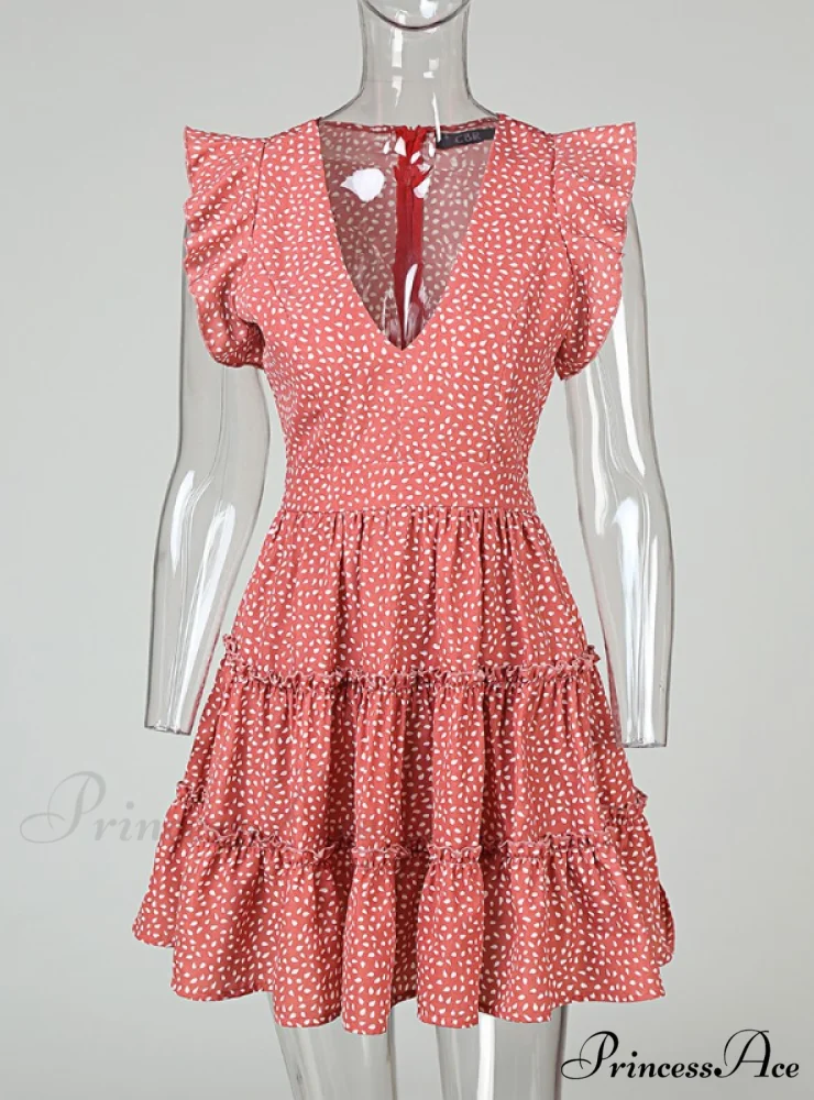 Mini Summer Floral V Neck Smock Dress L / PINK