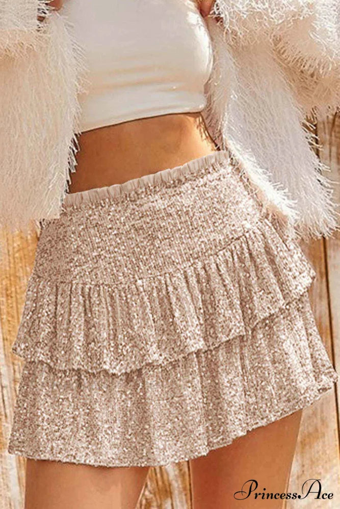Mini Tiered Sequined Folded Skirt Apricot / M