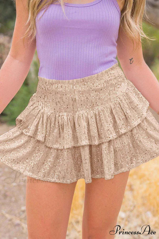 Mini Tiered Sequined Folded Skirt Apricot / XS